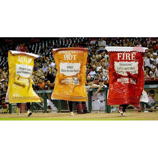 3 mascottes de sachets de sauces jaune rouge et orange -