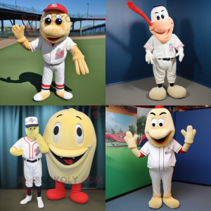 Cream Shrimp Scampi mascot costume character dressed with a Baseball Tee and Foot pads
