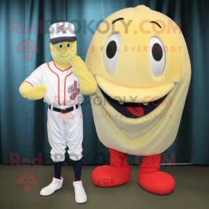 Cream Shrimp Scampi mascot costume character dressed with a Baseball Tee and Foot pads