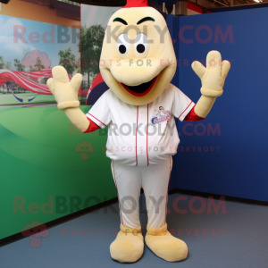 Cream Shrimp Scampi mascot costume character dressed with a Baseball Tee and Foot pads