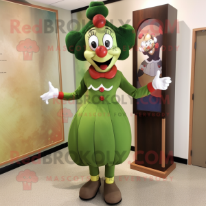 Olive Clown mascot costume character dressed with a Sheath Dress and Watches