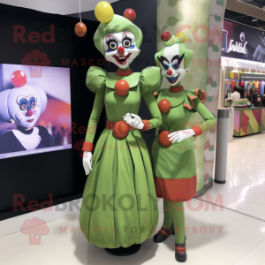 Olive Clown mascot costume character dressed with a Sheath Dress and Watches