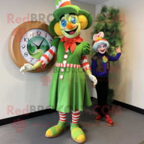 Olive Clown mascot costume character dressed with a Sheath Dress and Watches