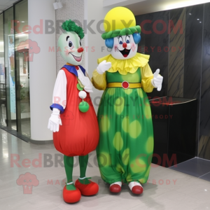 Olive Clown mascot costume character dressed with a Sheath Dress and Watches