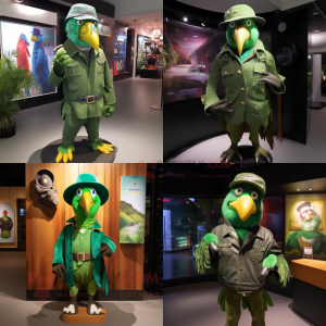 Green Parrot mascot costume character dressed with a Leather Jacket and Hat pins