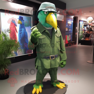 Green Parrot mascot costume character dressed with a Leather Jacket and Hat pins