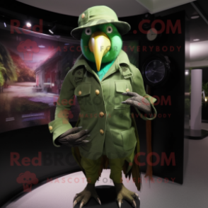 Green Parrot mascot costume character dressed with a Leather Jacket and Hat pins