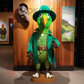 Green Parrot mascot costume character dressed with a Leather Jacket and Hat pins