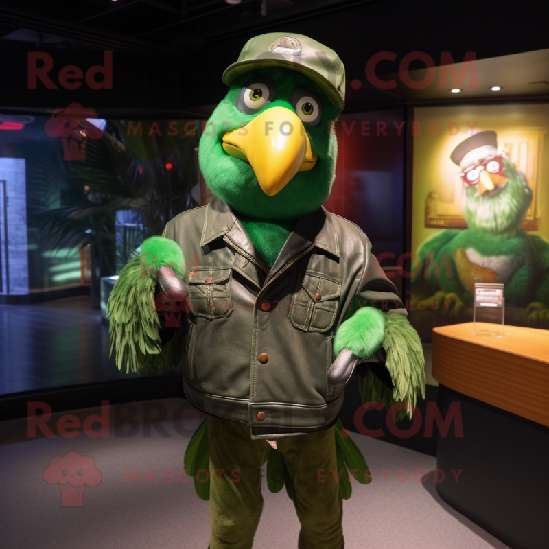 Green Parrot mascot costume character dressed with a Leather Jacket and Hat pins