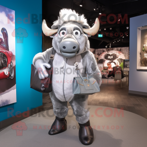 Silver Buffalo mascot costume character dressed with a Bodysuit and Handbags
