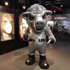 Silver Buffalo mascot costume character dressed with a Bodysuit and Handbags