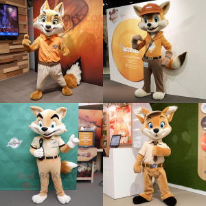 Tan Fox mascot costume character dressed with a Jeggings and Lapel pins