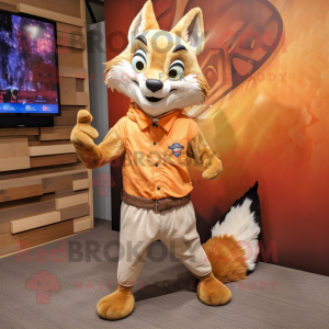 Tan Fox mascot costume character dressed with a Jeggings and Lapel pins