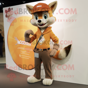 Tan Fox mascot costume character dressed with a Jeggings and Lapel pins