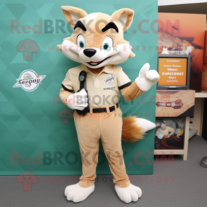 Tan Fox mascot costume character dressed with a Jeggings and Lapel pins