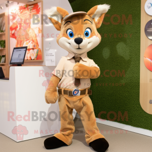 Tan Fox mascot costume character dressed with a Jeggings and Lapel pins