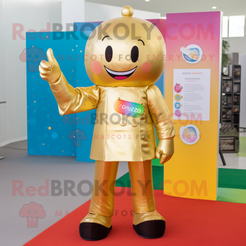 Gold Rainbow mascot costume character dressed with a Flare Jeans and Lapel pins Gold Rainbow mascot costume character dressed with a Flare Jeans and Lapel pins