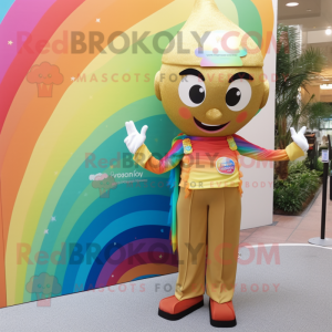 Gold Rainbow mascot costume character dressed with a Flare Jeans and Lapel pins