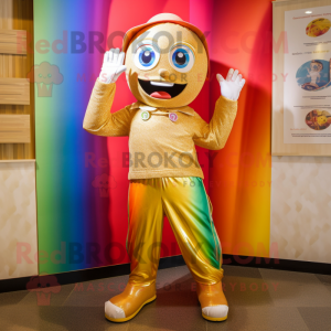 Gold Rainbow mascot costume character dressed with a Flare Jeans and Lapel pins