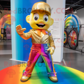 Gold Rainbow mascot costume character dressed with a Flare Jeans and Lapel pins