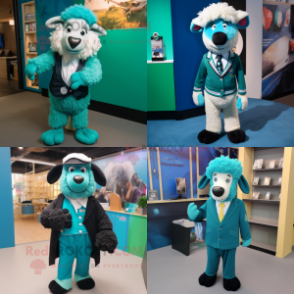 Turquoise Suffolk Sheep mascot costume character dressed with a Suit Jacket and Anklets