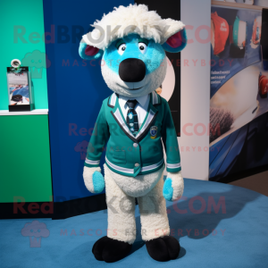 Turquoise Suffolk Sheep mascot costume character dressed with a Suit Jacket and Anklets