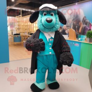 Turquoise Suffolk Sheep mascot costume character dressed with a Suit Jacket and Anklets