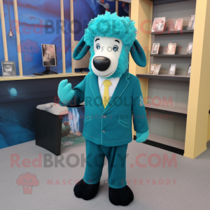 Turquoise Suffolk Sheep mascot costume character dressed with a Suit Jacket and Anklets