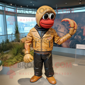 Tan Lobster Bisque mascot costume character dressed with a Leather Jacket and Wraps