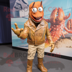 Tan Lobster Bisque mascot costume character dressed with a Leather Jacket and Wraps
