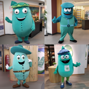 Teal Cucumber mascot costume character dressed with a Chinos and Belts