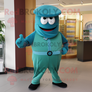 Teal Cucumber mascot costume character dressed with a Chinos and Belts