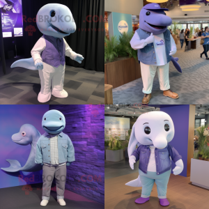 Purple Beluga Whale mascot costume character dressed with a Chambray Shirt and Lapel pins