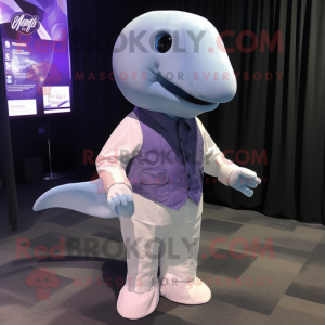 Purple Beluga Whale mascot costume character dressed with a Chambray Shirt and Lapel pins