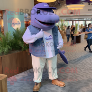 Purple Beluga Whale mascot costume character dressed with a Chambray Shirt and Lapel pins