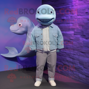 Purple Beluga Whale mascot costume character dressed with a Chambray Shirt and Lapel pins