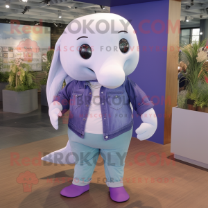 Purple Beluga Whale mascot costume character dressed with a Chambray Shirt and Lapel pins