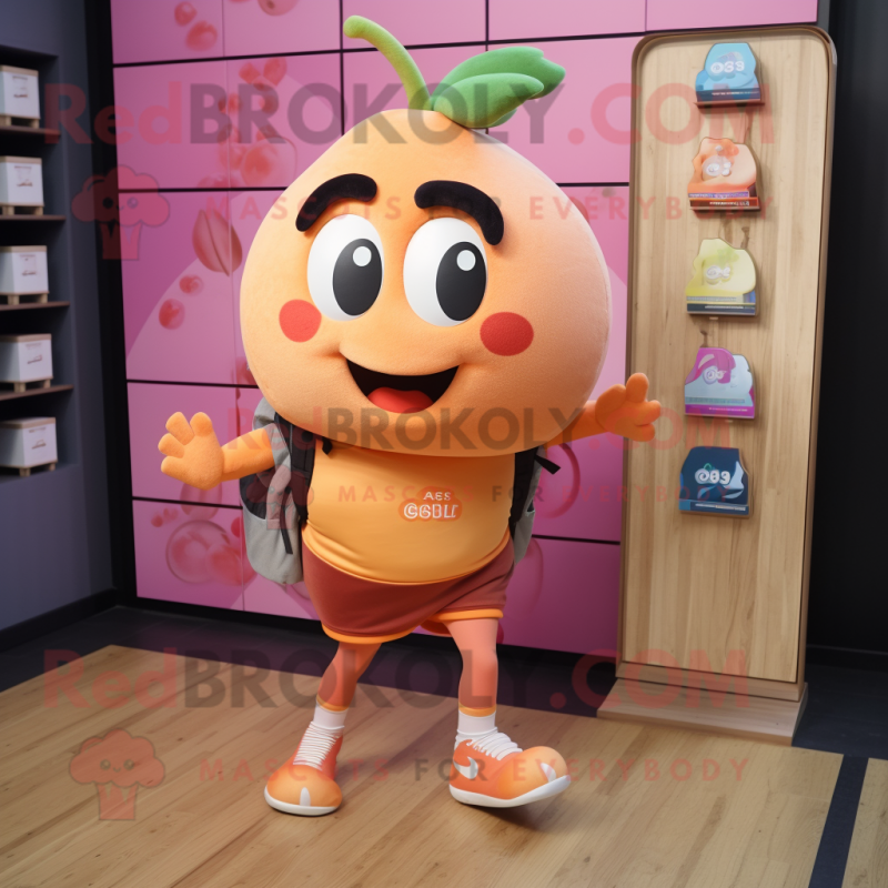 Peach Scented Candle mascot costume character dressed with a Joggers and Backpacks Peach Scented Candle mascot costume character dressed with a Joggers and Backpacks