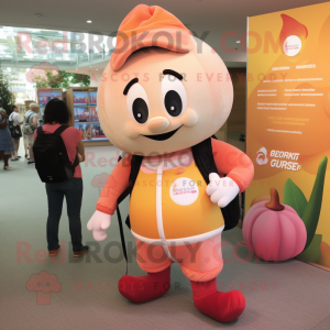 Peach Scented Candle mascot costume character dressed with a Joggers and Backpacks