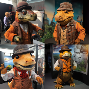 Rust Ankylosaurus mascot costume character dressed with a Waistcoat and Berets