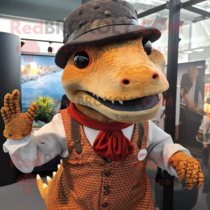 Rust Ankylosaurus mascot costume character dressed with a Waistcoat and Berets