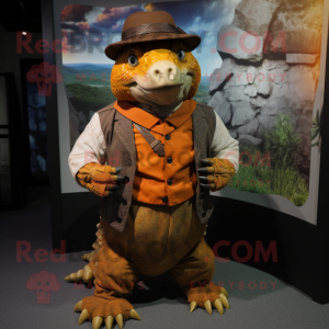 Rust Ankylosaurus mascot costume character dressed with a Waistcoat and Berets