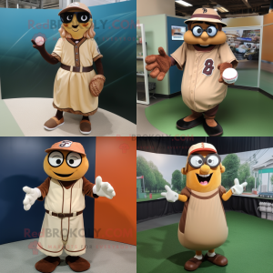 Brown Baseball Glove mascot costume character dressed with a Maxi Dress and Eyeglasses