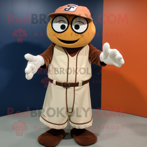 Brown Baseball Glove mascot costume character dressed with a Maxi Dress and Eyeglasses