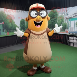 Brown Baseball Glove mascot costume character dressed with a Maxi Dress and Eyeglasses