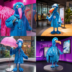 Blue Flamingo mascot costume character dressed with a Raincoat and Necklaces