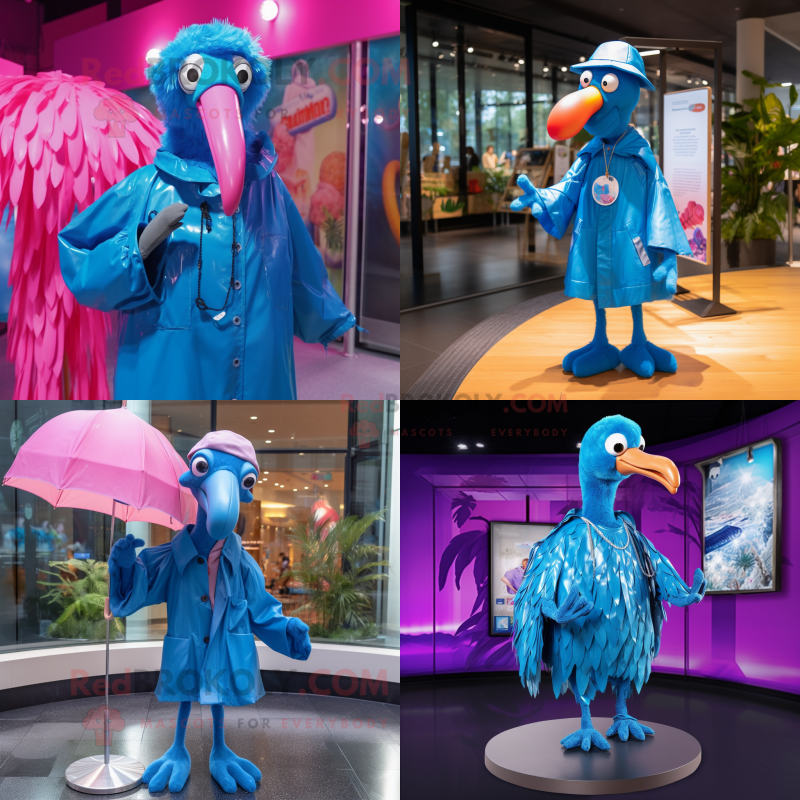 Blue Flamingo mascot costume character dressed with a Raincoat and Necklaces Blue Flamingo mascot costume character dressed with a Raincoat and Necklaces