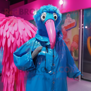 Blue Flamingo mascot costume character dressed with a Raincoat and Necklaces