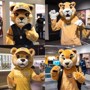 Gold Mountain Lion mascot costume character dressed with a Graphic Tee and Beanies