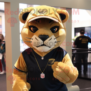 Gold Mountain Lion mascot costume character dressed with a Graphic Tee and Beanies